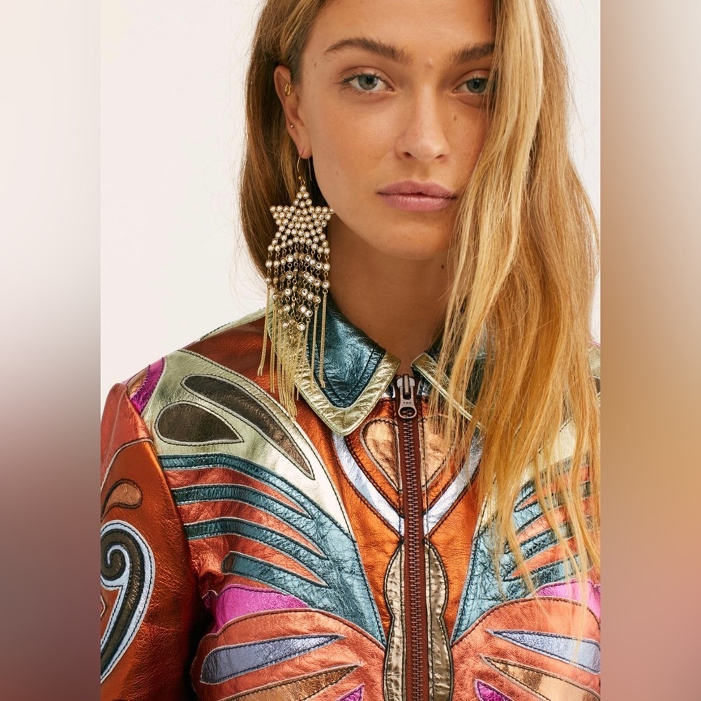 Free People Stars are Psychedelic Metallic Leather Jacket, Multi-color, XL - Picture 1 of 10
